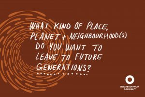 A claret coloured card with a spiral pattern and the words "What kind of place, planet and neighbourhood(s) do you want to leave to future generations?" in white handwriting