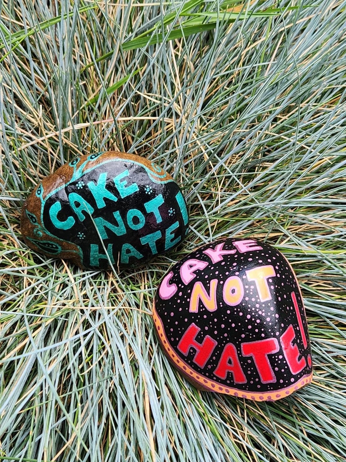 Painted rocks with "Cake Not Hate" message on grass for diversity awareness.