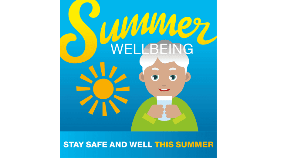 Illustration of an elderly person enjoying summer activities for wellbeing.