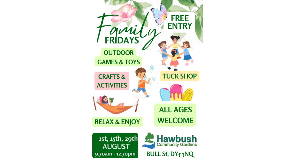 Children enjoying outdoor games and activities at Family Fridays event in Hawbush Community Gardens.