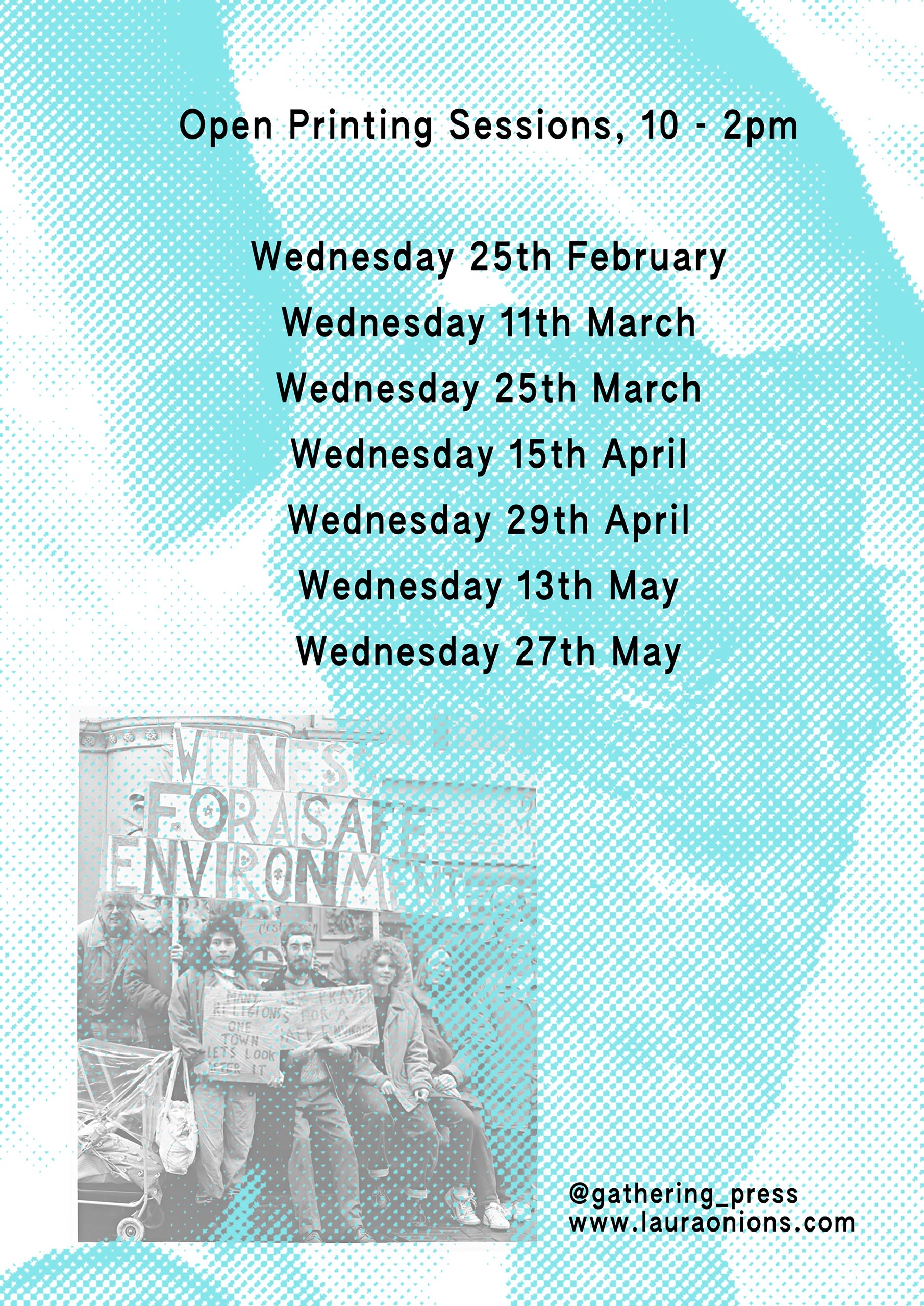 Printed image of a hand holding a fossil, and a photo of people campaigning in Dudley. Text in black: 'Wednesdays 10am -2 pm. 25th February. 11th March. 18 March. 15th April. 29th April. 13th May. 27th May.
