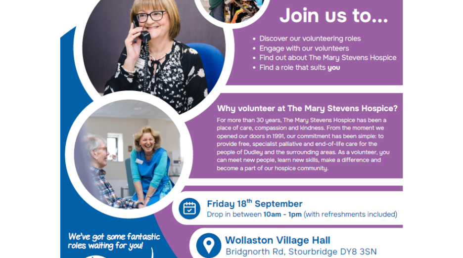 Featured image for “Mary Stevens Hospice Volunteer Recruitment Event – 18th September 2026”